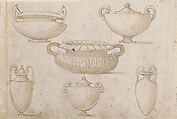 Ornamental Designs After Antique Vases, After Bernardino Poccetti (Italian, San Marino di Valdelsa 1548–1612 Florence), Pen and brown ink, brush and brown wash